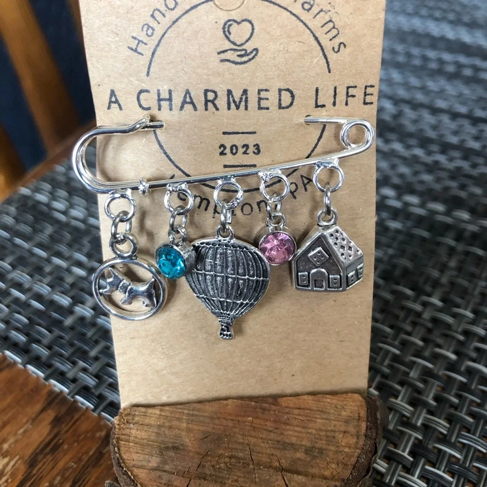 Toto, Balloon & Dorothy’s House =? Silver 2” Pin with Silver Charms
